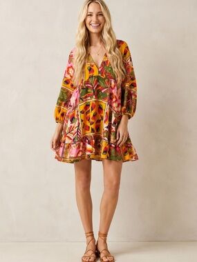 Label of Love Anthro Boho Tropical Floral Babydoll Mini Dress Balloon Sleeves